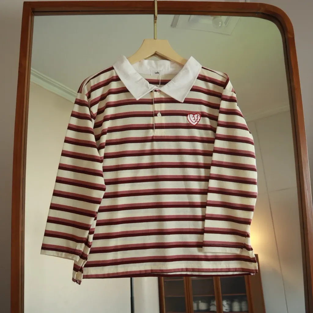 Lefe Stripe Tshirt Polo Rugby Salur Atasan Wanita - View 3