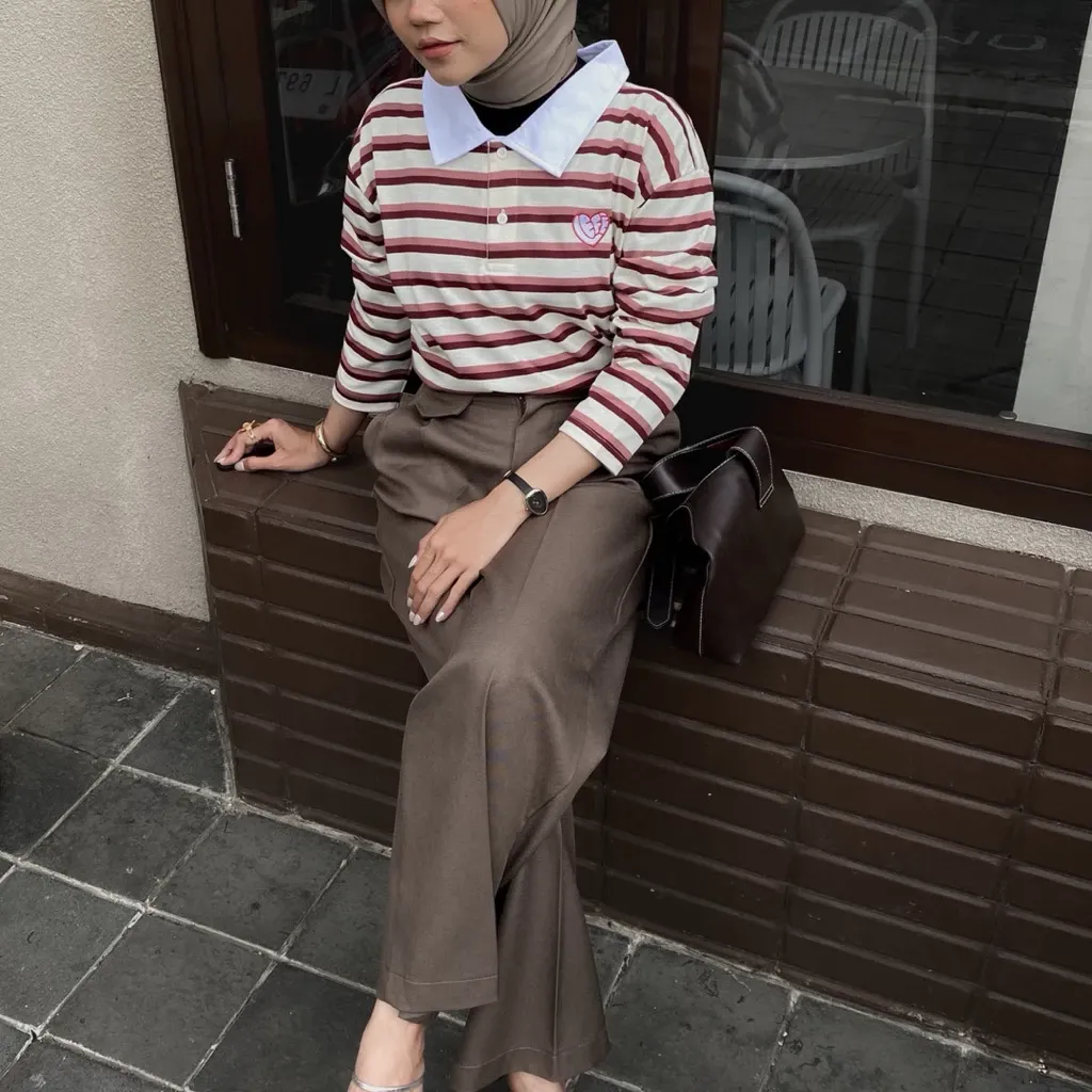Lefe Stripe Tshirt Polo Rugby Salur Atasan Wanita - View 4