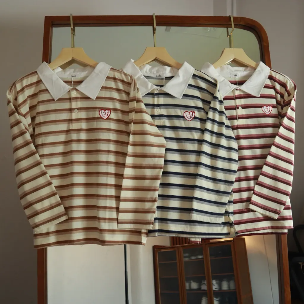 Lefe Stripe Tshirt Polo Rugby Salur Atasan Wanita - View 5