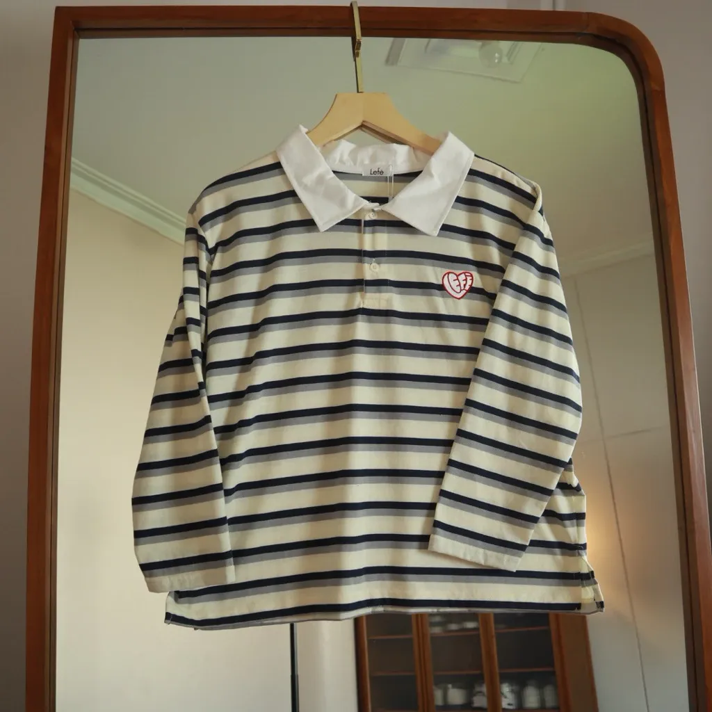 Lefe Stripe Tshirt Polo Rugby Salur Atasan Wanita - View 6