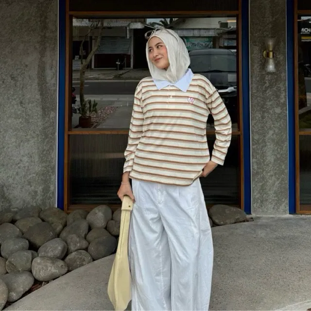 Lefe Stripe Tshirt Polo Rugby Salur Atasan Wanita - View 7