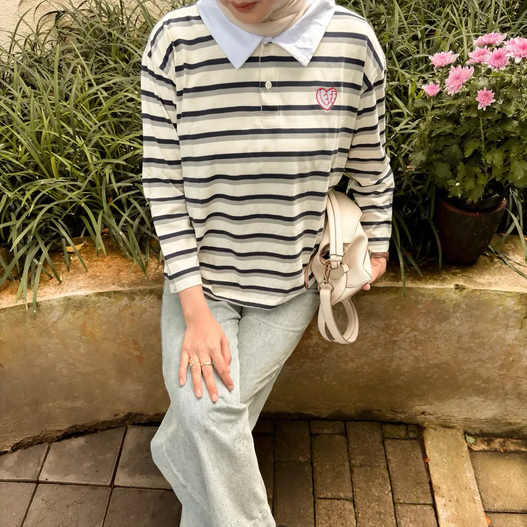 Lefe Stripe Tshirt Polo Rugby Salur Atasan Wanita - View 9